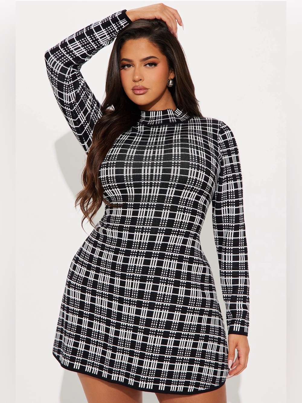 Plus Size Fashion Nova Black & White Plaid Long Sleeve Dress 2X